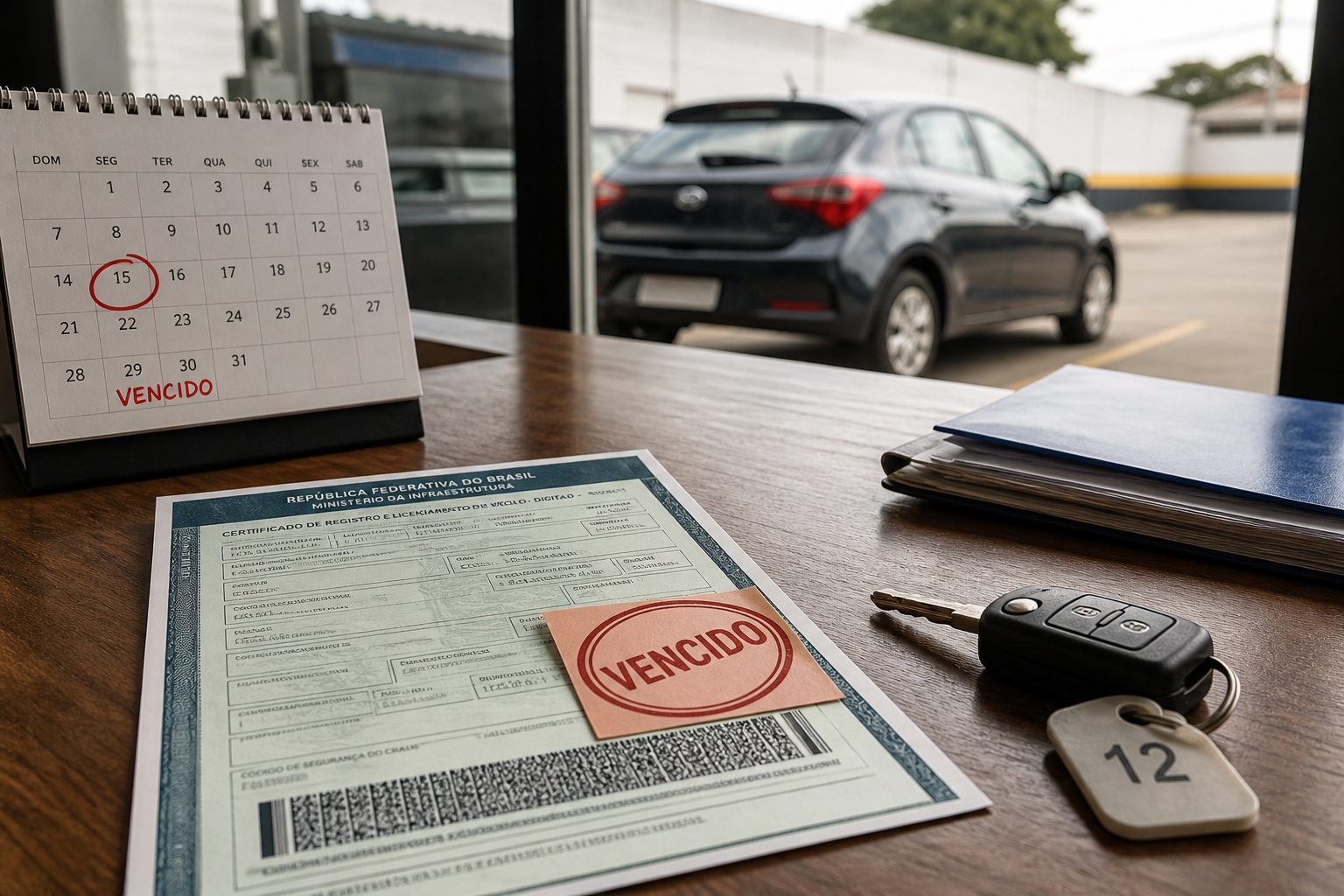 Mesa de locadora com documento do veículo marcado como vencido, chaves e calendário. Ao fundo, um carro estacionado e indisponível.