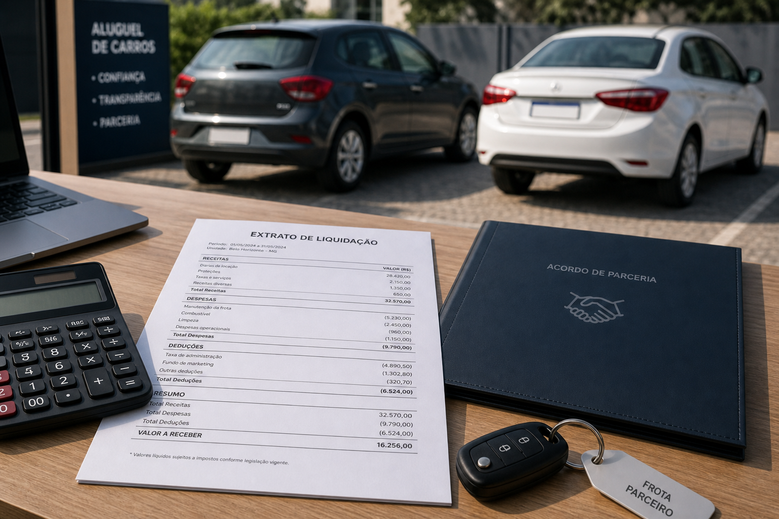Mesa de locadora com extrato de repasse, calculadora e chaves. Ao fundo, frota de carros no pátio.