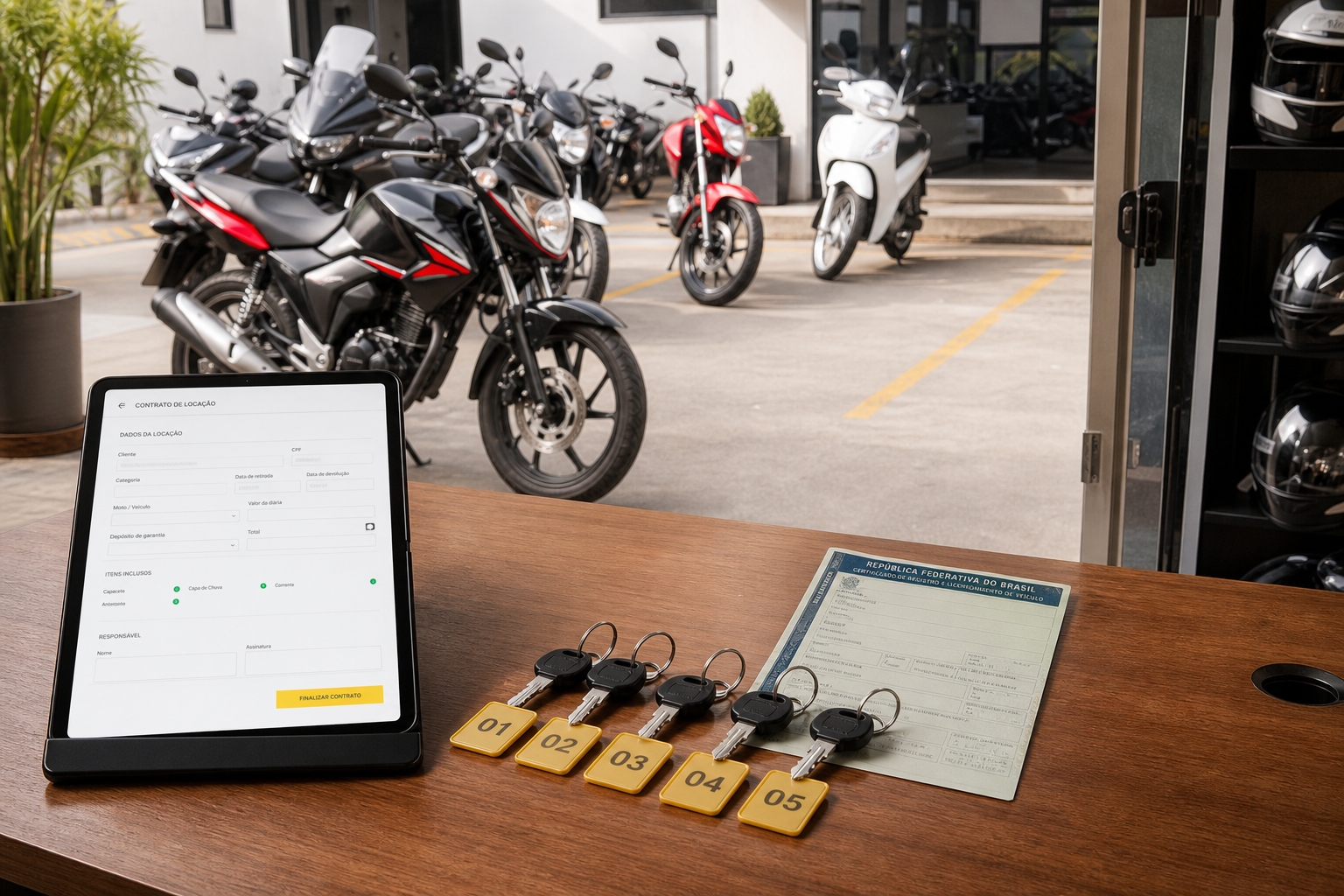 Balcão de locadora de motos com chaves numeradas, tablet com contrato digital e motos e scooters estacionadas no pátio.